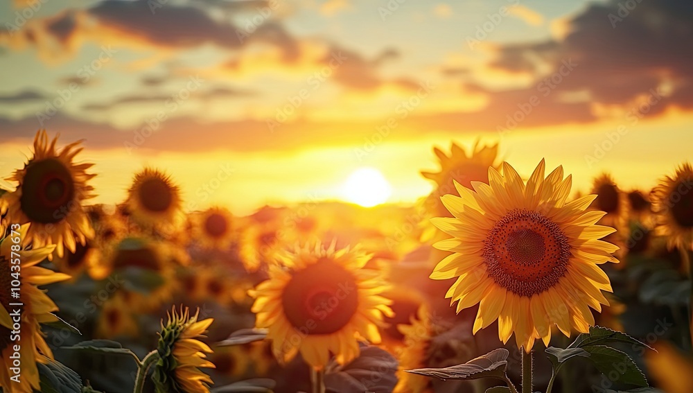 Fototapeta premium A vibrant sunflower field basking in the golden glow of sunset, with tall and wide blooms reaching towards the sky