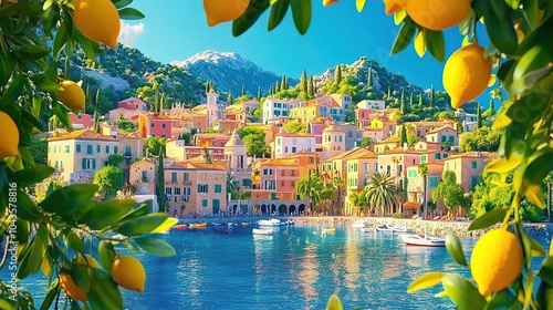 Colorful Mediterranean Town with Lemon Trees by the Sea