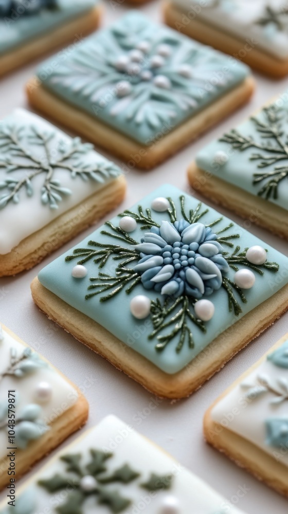 Fototapeta premium Square blue sugar cookies decorated with floral royal icing for christmas