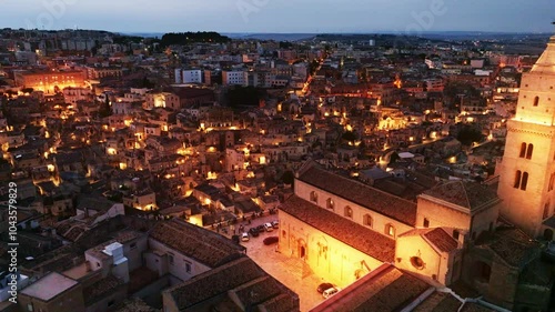 night aerial view of historic Italian town in Puglia, southern Italy, tourism in Italy, medieval town of Matera at night, drone view, aerial view of ancient Italian city