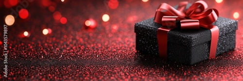A beautifully wrapped black gift box with a red ribbon on a festive red and gold background