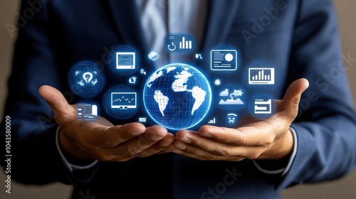 Wallpaper Mural Businessman Presenting a Digital Earth with Data Network and Analytics Torontodigital.ca