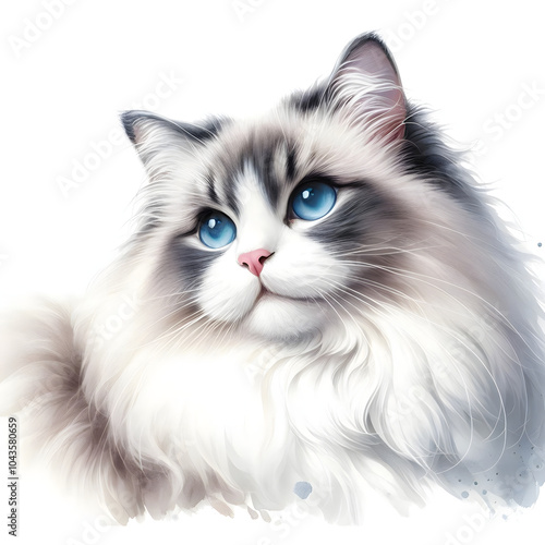 흰 배경, 랙돌, 수채화 (white background, Ragdoll cat, water colour)