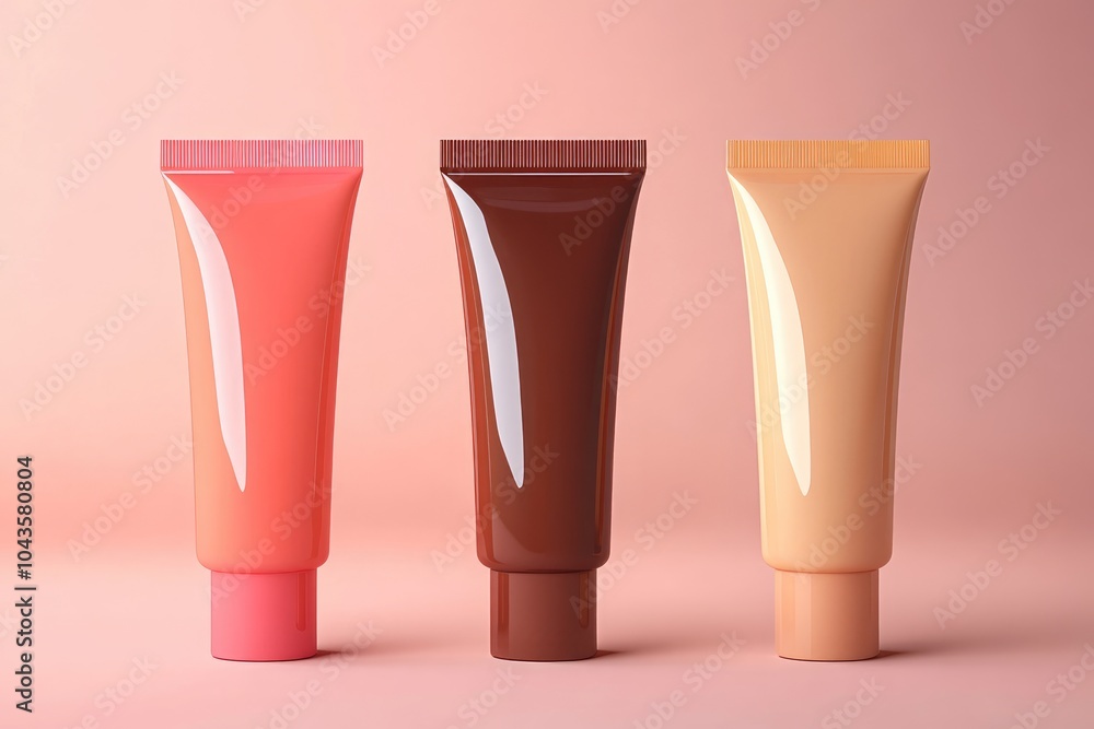Three peach, nude, pink, sand, brown color cosmetic tube package mockup template Three peach, nude, pink, sand, brown color cosmetic tube package mockup template