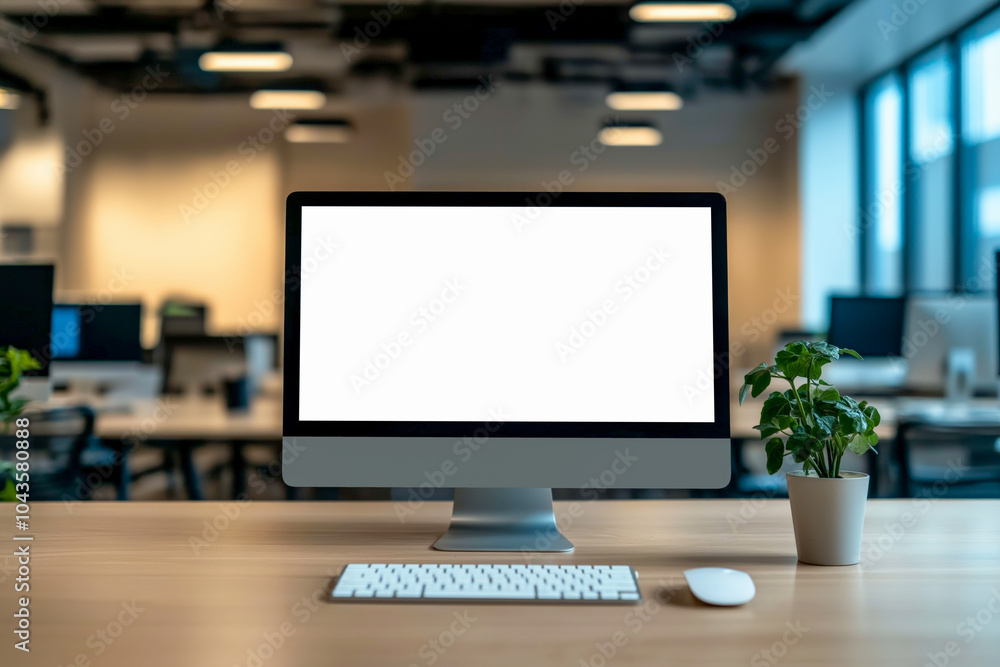 White blank screen of computer monitor on the desk against big office room. White blank screen of computer monitor on the desk against big office room.