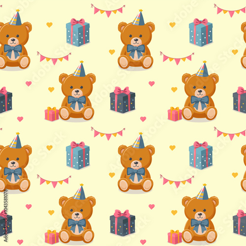 Obraz na płótnie Holiday seamless pattern with a teddy bear and flying balloons for decorative pr