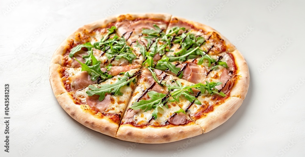 Delicious pizza with arugula and ham on white. Delicious pizza with arugula and ham on white.