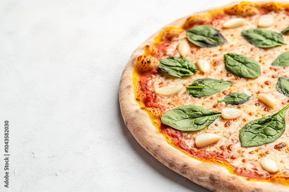Fresh spinach pizza with garlic on white background Fresh spinach pizza with garlic on white background
