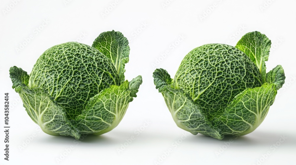 Fototapeta premium Two green cabbages with textured leaves, artfully arranged against a light background, highlighting their fresh, vibrant appearance.
