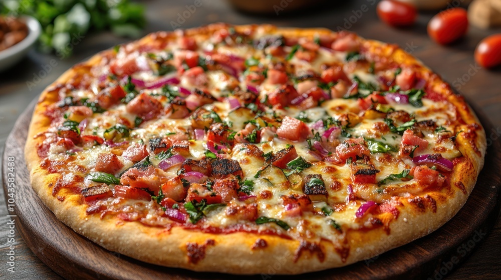 Delicious pizza topped with ham, onions, and fresh herbs. Delicious pizza topped with ham, onions, and fresh herbs.