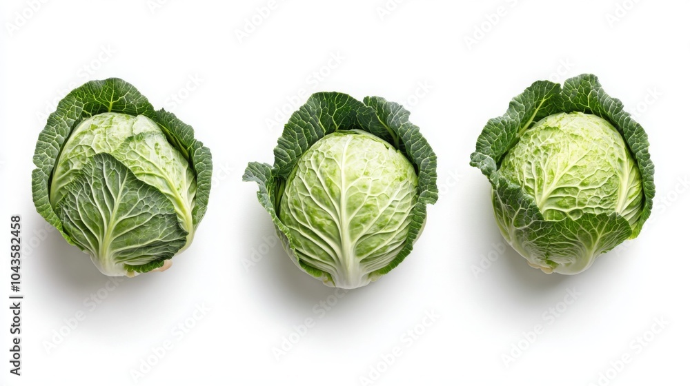 Fototapeta premium Three fresh green cabbages arranged in a row, showcasing their layered leaves and vibrant color against a neutral background.