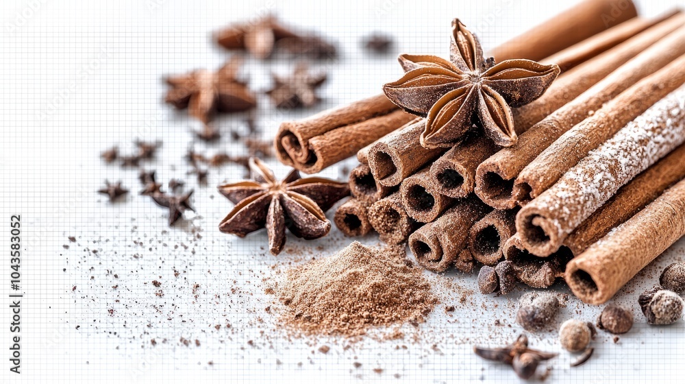 Close-up of cinnamon sticks, star anise, cloves, and ground cinnamon on a white surface. Close-up of cinnamon sticks, star anise, cloves, and ground cinnamon on a white surface.