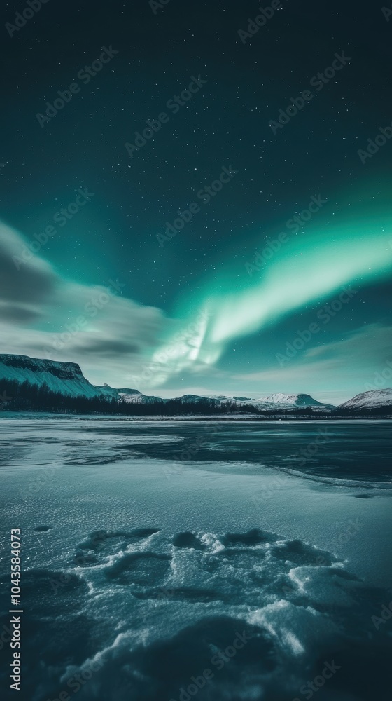 Aurora borealis shining over snowy mountains and frozen lake Aurora borealis shining over snowy mountains and frozen lake