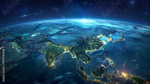 Earth's surface with 3D clouds and bright night lights over Asia