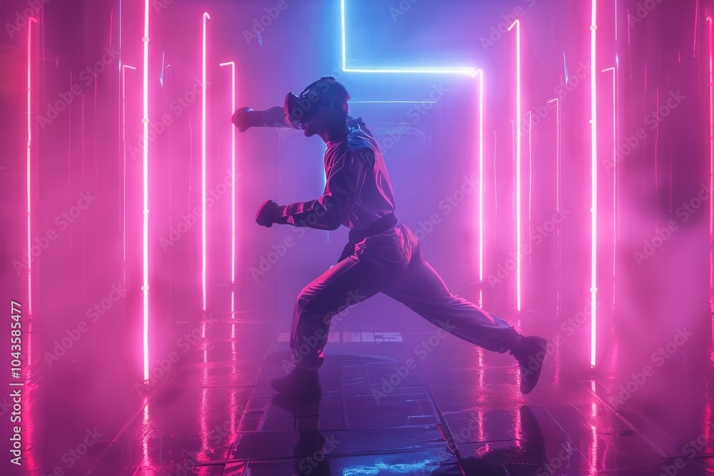 Focused in VR: man executing a kick, neon lights enhancing the action Focused in VR: man executing a kick, neon lights enhancing the action