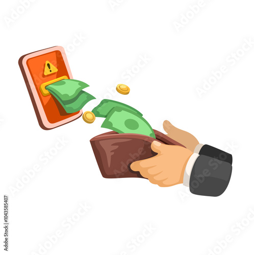 Cyber Crime. Smartphone Attract money from wallet Cartoon Illustration Vector