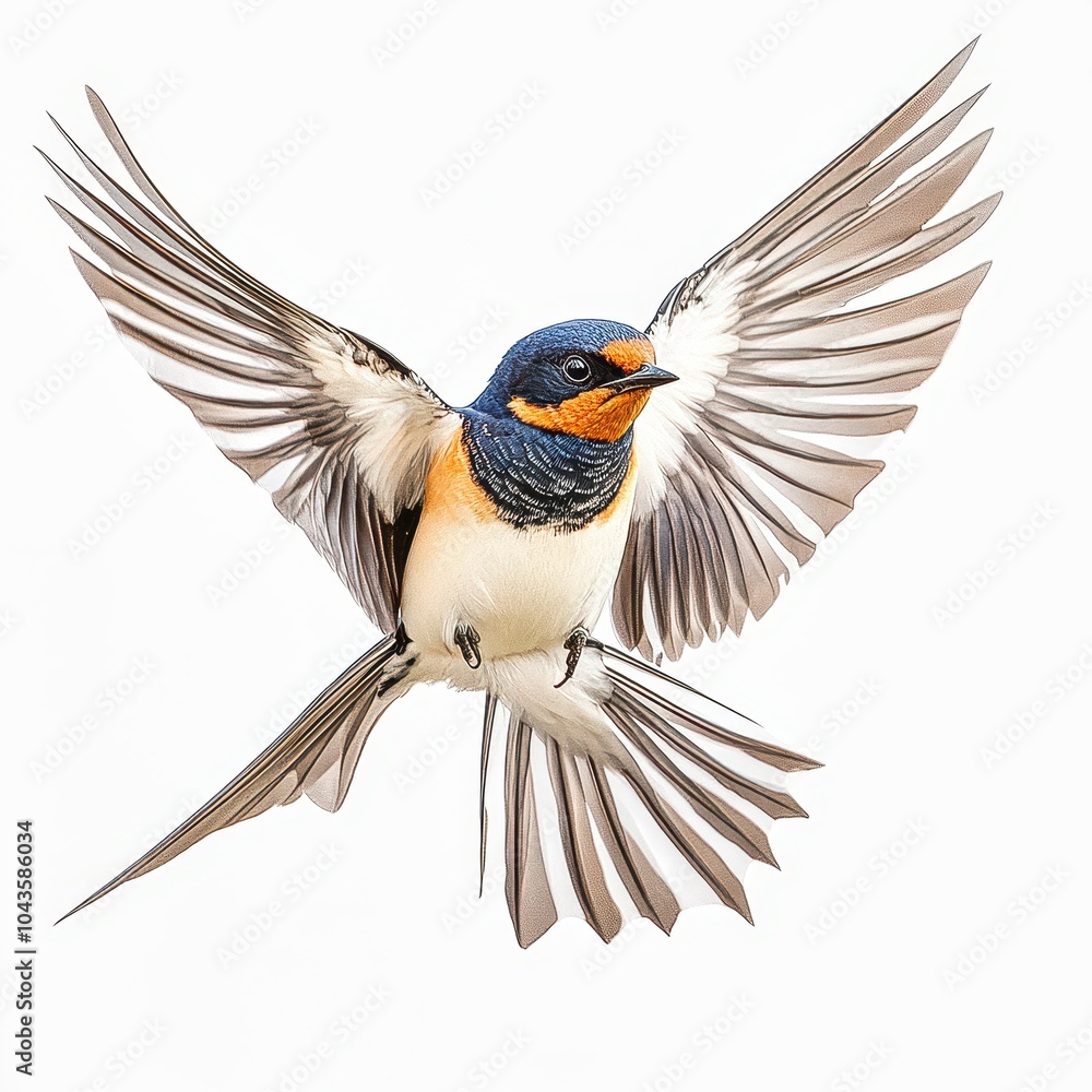 Fototapeta premium Swallow bird flying with outstretched wings on white background