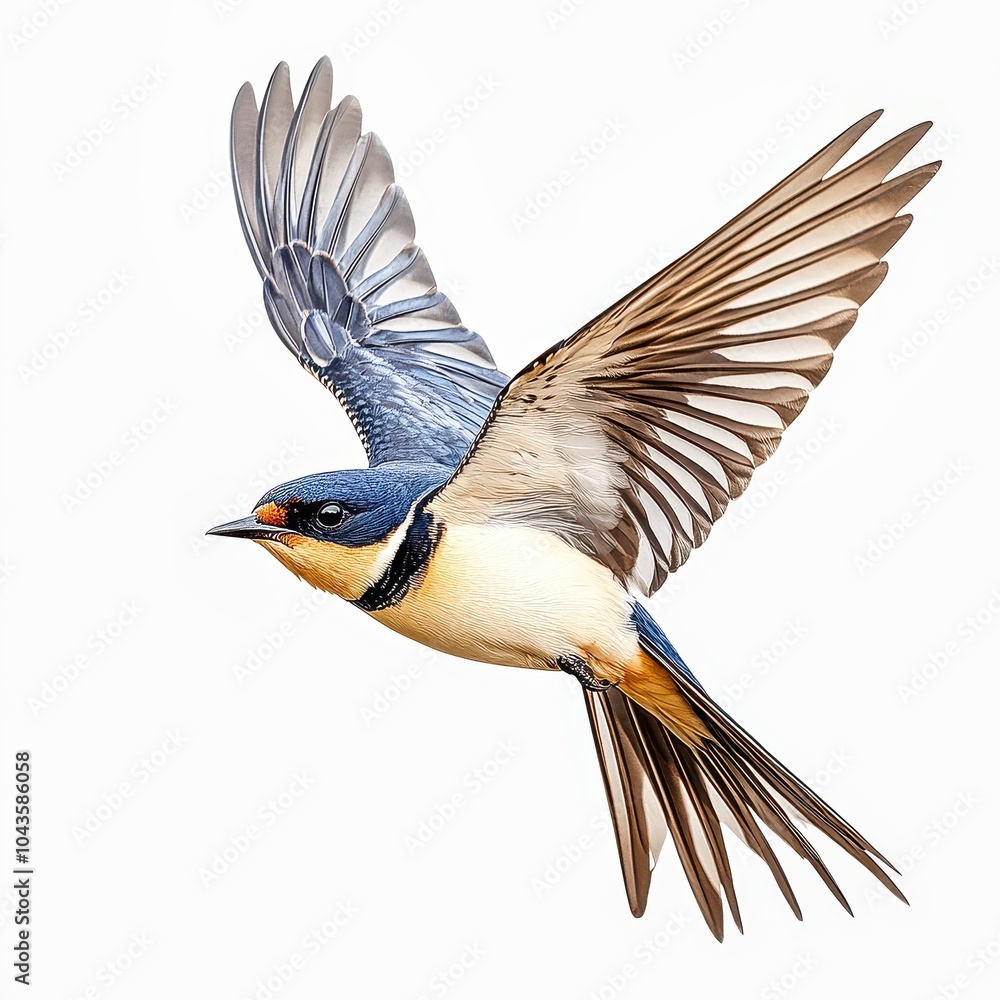 Fototapeta premium Swallow bird flying with outstretched wings on white background