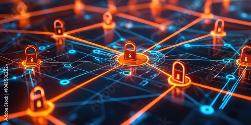 Diagram of a cybersecurity framework with connected nodes, glowing lines, and lock icons.