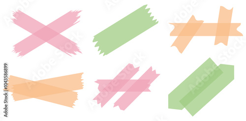 Set of colorful semi-transparent washi tapes isolated on white. Tapes collection in vector. Pieces of decorative tape for scrapbooks. Torn paper. Green, pink, orange