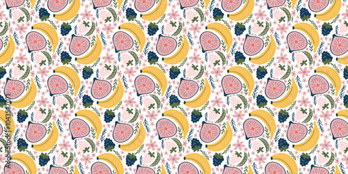 Joyful seamless pattern with bananas, figs, blackberries, white strawberries, pink flowers, and green leaves. Modern, organic vector style with flat colors and a playful, childlike design