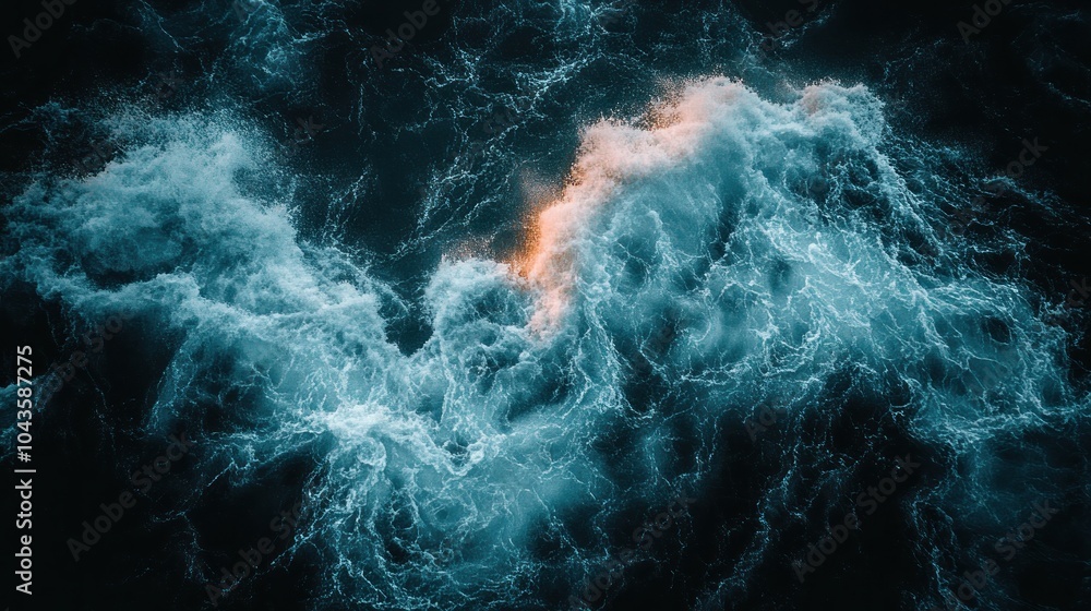 Aerial view of turbulent ocean waves with whitecaps and foam. Aerial view of turbulent ocean waves with whitecaps and foam.