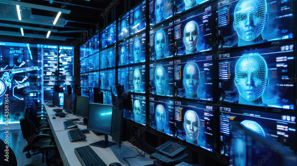 Facial recognition technology, human faces with lines of AI biometric system on computer screens in security room, digital scanning. Concept of identification, monitor