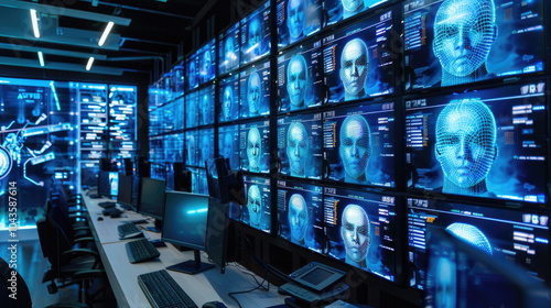 Facial recognition technology, human faces with lines of AI biometric system on computer screens in security room, digital scanning. Concept of identification, monitor