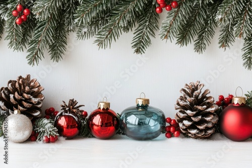 Festive holiday arrangement with ornaments, pinecones, and evergreen branches for a cheerful Christmas atmosphere. photo