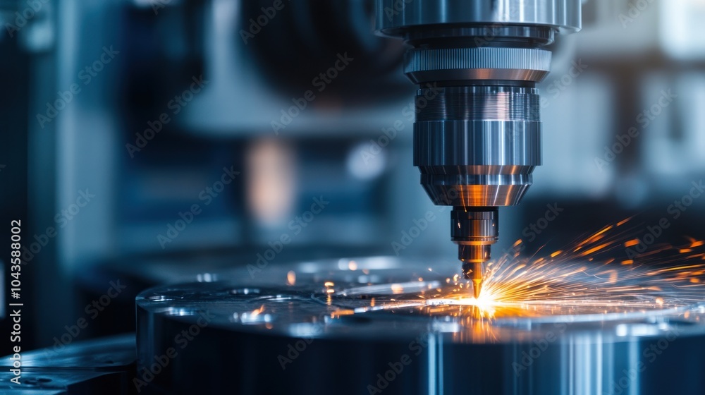 A close-up of a CNC machine cutting metal, producing sparks during the machining process. A close-up of a CNC machine cutting metal, producing sparks during the machining process.