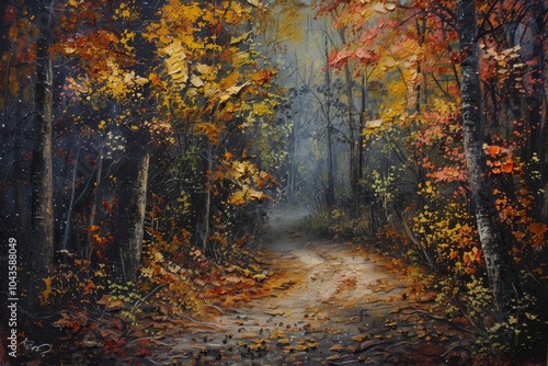 Autumn foliage in a secluded forest path ,A serene painting depicting a dirt road winding through a lush, green forest, inviting exploration and tranquility.