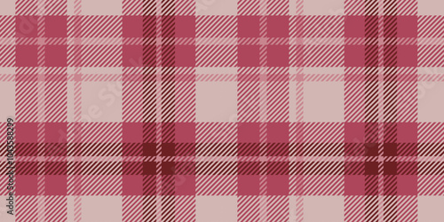 A seamless pattern featuring a classic plaid design in shades of pink and red. The pattern includes intersecting lines and squares, creating a traditional tartan look. The repetition and symmetry