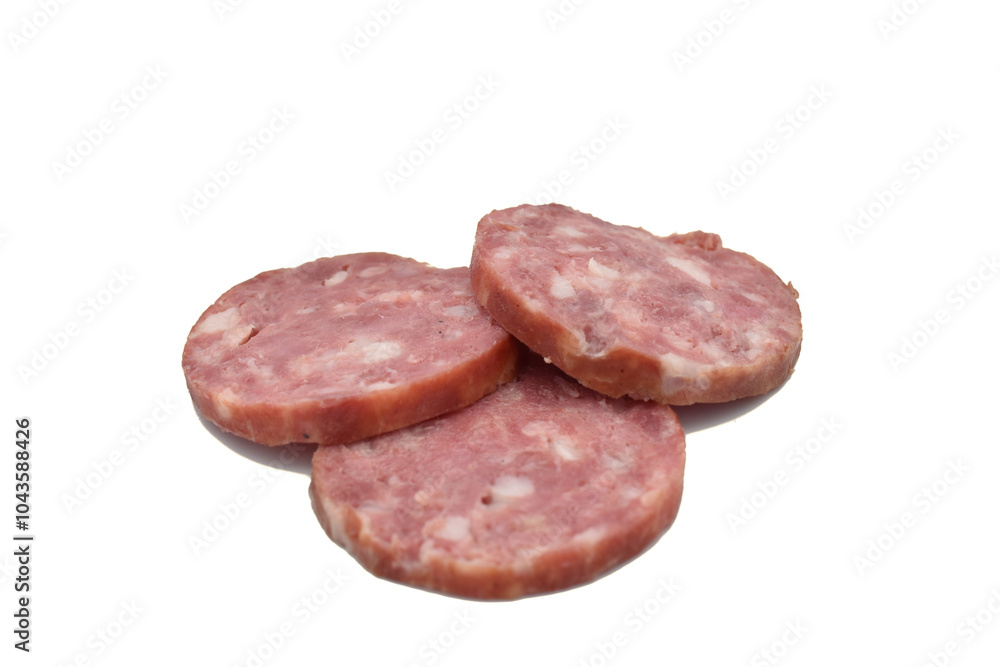 Three slices of salami sausage lie on a PNG background. Three slices of salami sausage lie on a PNG background.