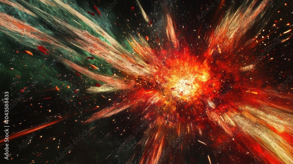 Hyper-realistic fireworks exploding in vibrant reds and greens, with intricate spark trails lighting up a starry night sky. Hyper-realistic fireworks exploding in vibrant reds and greens, with intricate spark trails lighting up a starry night sky.