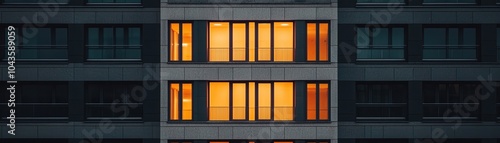 A dramatic view of illuminated windows on a modern building at dusk.