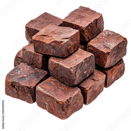 A pile of rich brown chocolate blocks stacked on a white isolated background.