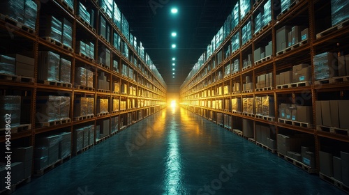 Wallpaper Mural An aisle of a warehouse with shelves full of boxes lit by overhead lights. Torontodigital.ca