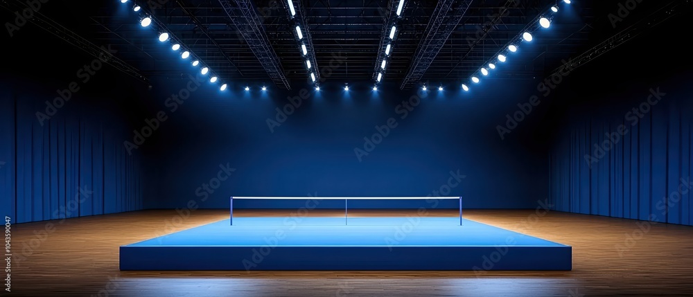 A sleek blue sports arena with bright lights, featuring a central podium and a professional ambiance. A sleek blue sports arena with bright lights, featuring a central podium and a professional ambiance.