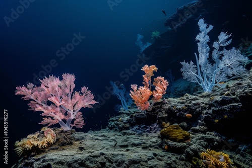 Bioengineered marine life in the deep sea,A vibrant coral reef adorned with an array of colorful sea fans, showcasing the beauty of marine biodiversity. photo