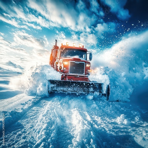 Red snow plow truck cleaning road from snowdrift after heavy snowfall photo