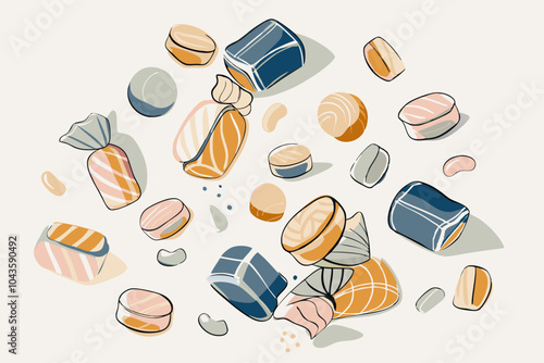 Assorted Hand-Drawn Candies on a Pastel Background Illustration