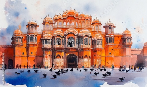 Watercolor The Historic and Beautiful Wind palace of Jaipur also known as hawamahal photo