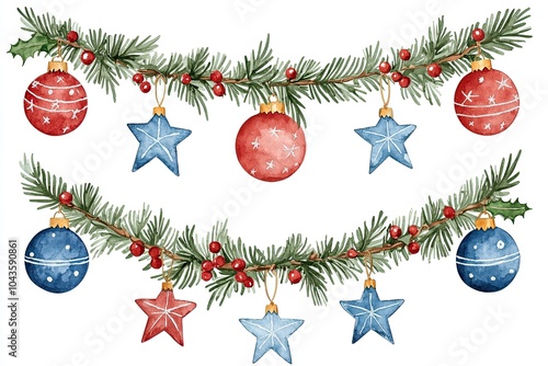Christmas garland with ornaments and holly on a white isolated background.