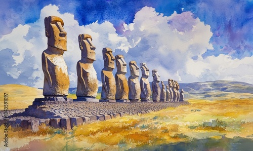 Watercolor Easter Island, Chile Moai statues facing inland at Ahu Tongariki in Rapa Nui Nationnal Park on Easter Island photo