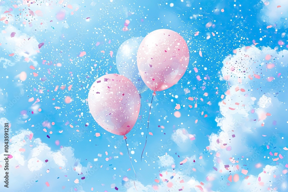 Fototapeta premium Colorful balloons floating in a vibrant blue sky with confetti and clouds.