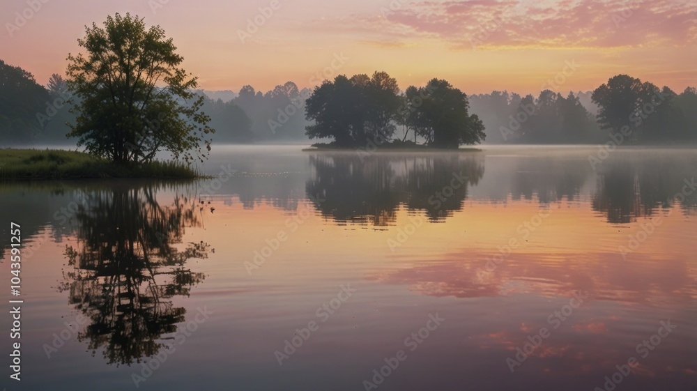 Fototapeta premium A tranquil lake with misty trees and a colorful sunrise reflected in the water.