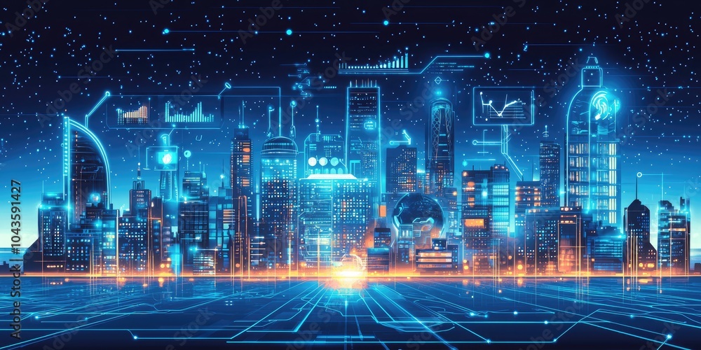 Fototapeta premium A futuristic cityscape displays lines linking various smart devices and buildings, illustrating a connected smart city.