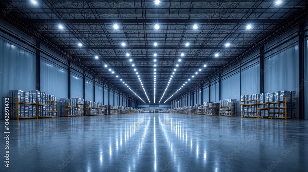 An empty warehouse with rows of storage shelves, illuminated by bright lights.