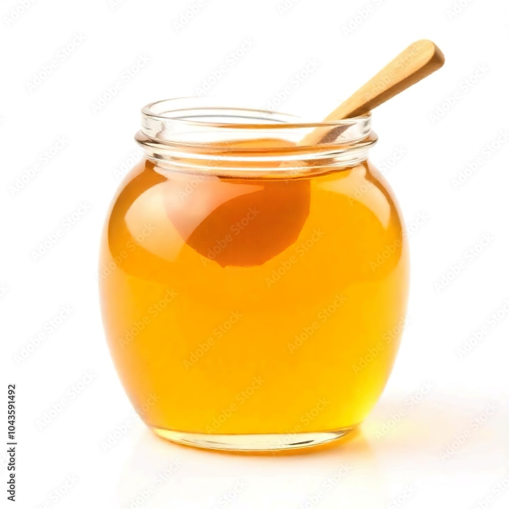 A glass jar filled with golden honey, with a wooden honey dipper, white background A glass jar filled with golden honey, with a wooden honey dipper, white background