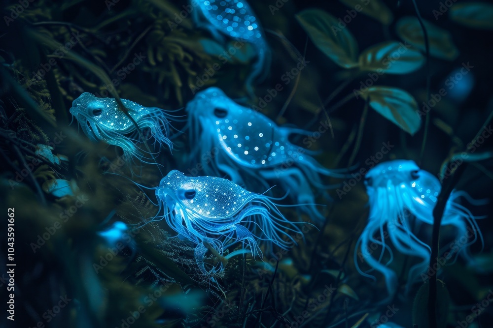 Obraz premium Bioluminescent animals in a nocturnal setting,Glowing jellyfish gracefully floating in dark waters, illuminating their surroundings with ethereal light.
